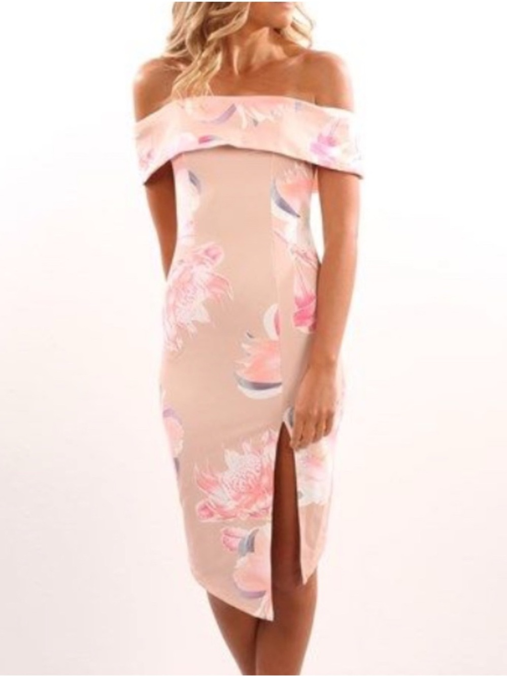 Blossom Off-Shoulder Blush Pink Floral Midi Dress